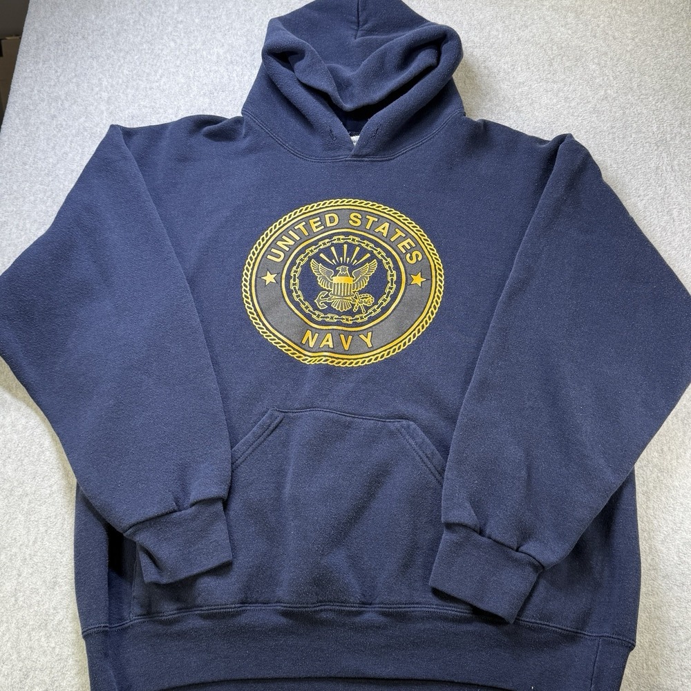 US Navy Hoodie Sweatshirt Large Blue Reflective Logo USA Made Vintage MJ SOFFEE